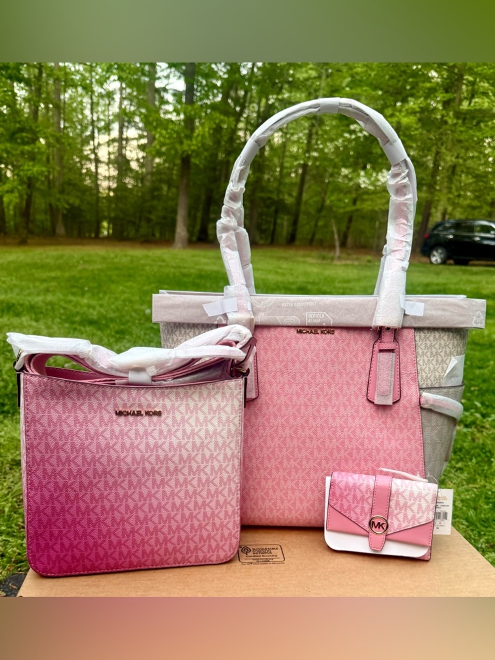 Michael Kors Pink Ombre Signature Tote, Crossbody & Wallet Set